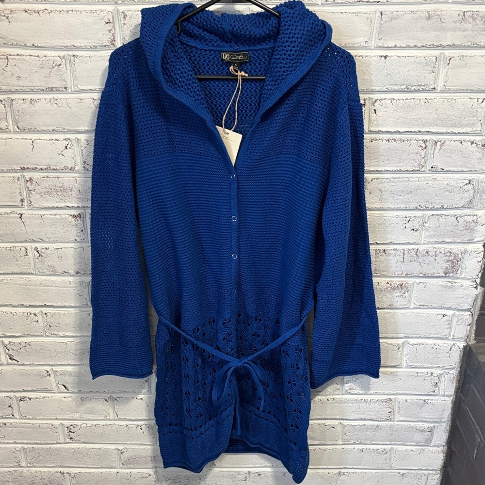 DG2 by Diane Gilman Naturals Royal Blue Hooded Knit Cardigan Size Small
